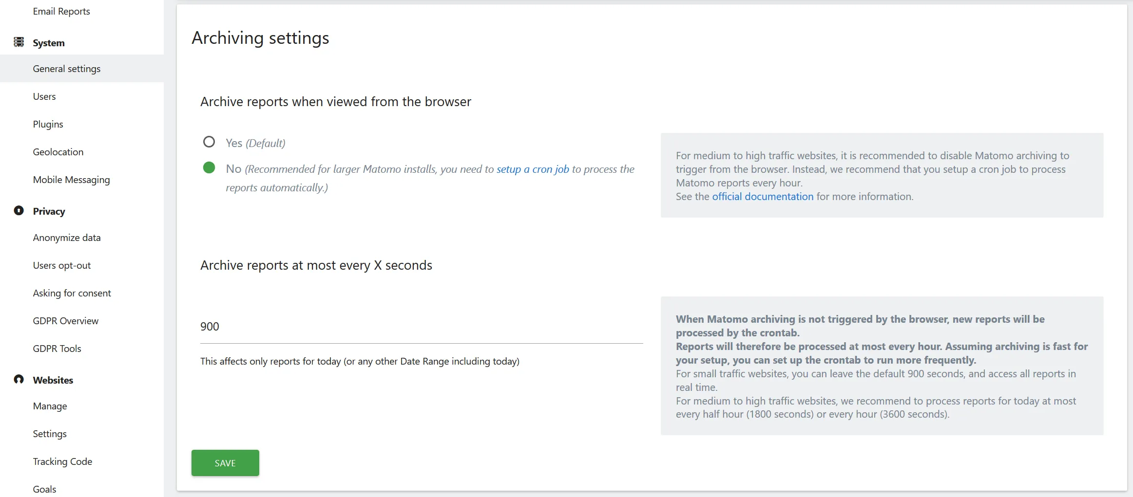 Screenshot of Archiving settings